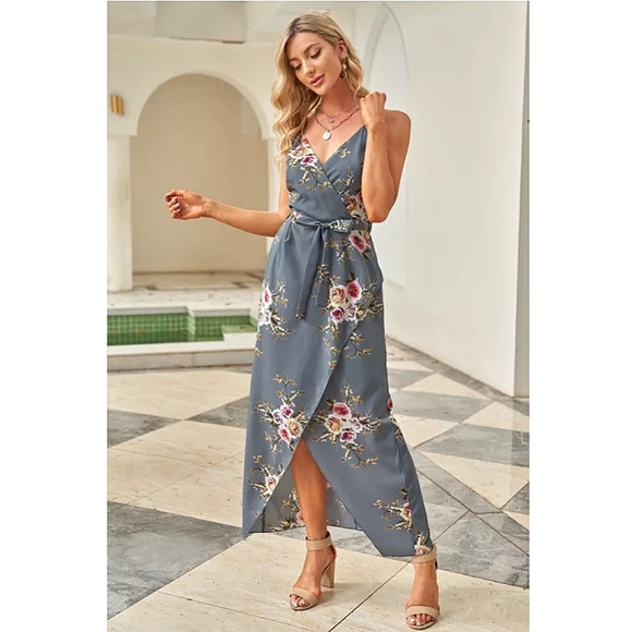 LAST ONE! Plus Size ADDISON Gray And Floral Wrap Maxi Dress With Slit - Picture 4 of 6